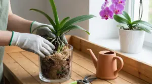 Persona che rinvasa un'orchidea in un vaso di vetro con corteccia e muschio